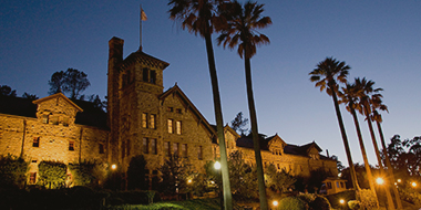 View of the Culinary Institute of America's Greystone campus in St. Helena at night.