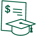 Illustration of a tuition bill with dollar sign and college graduation cap.