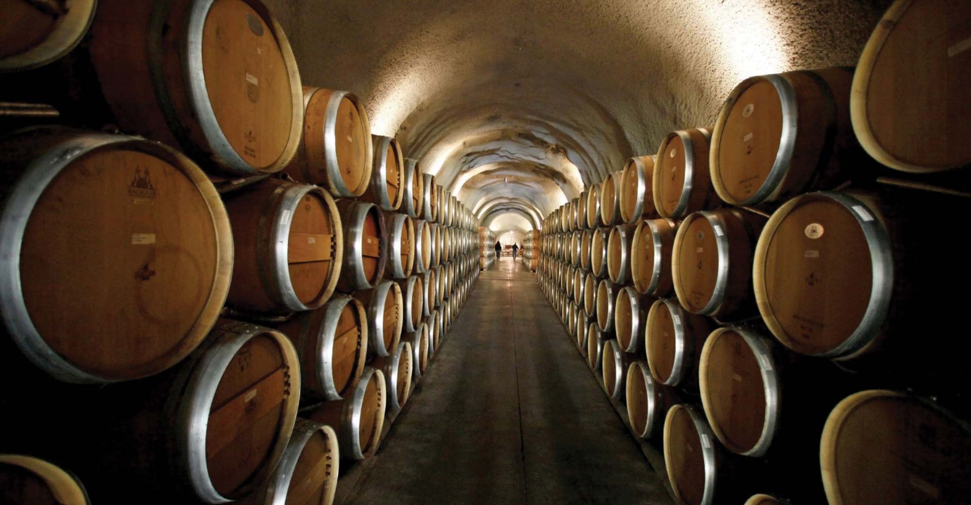 Stacks of wine barrels in a vineyard cellar.